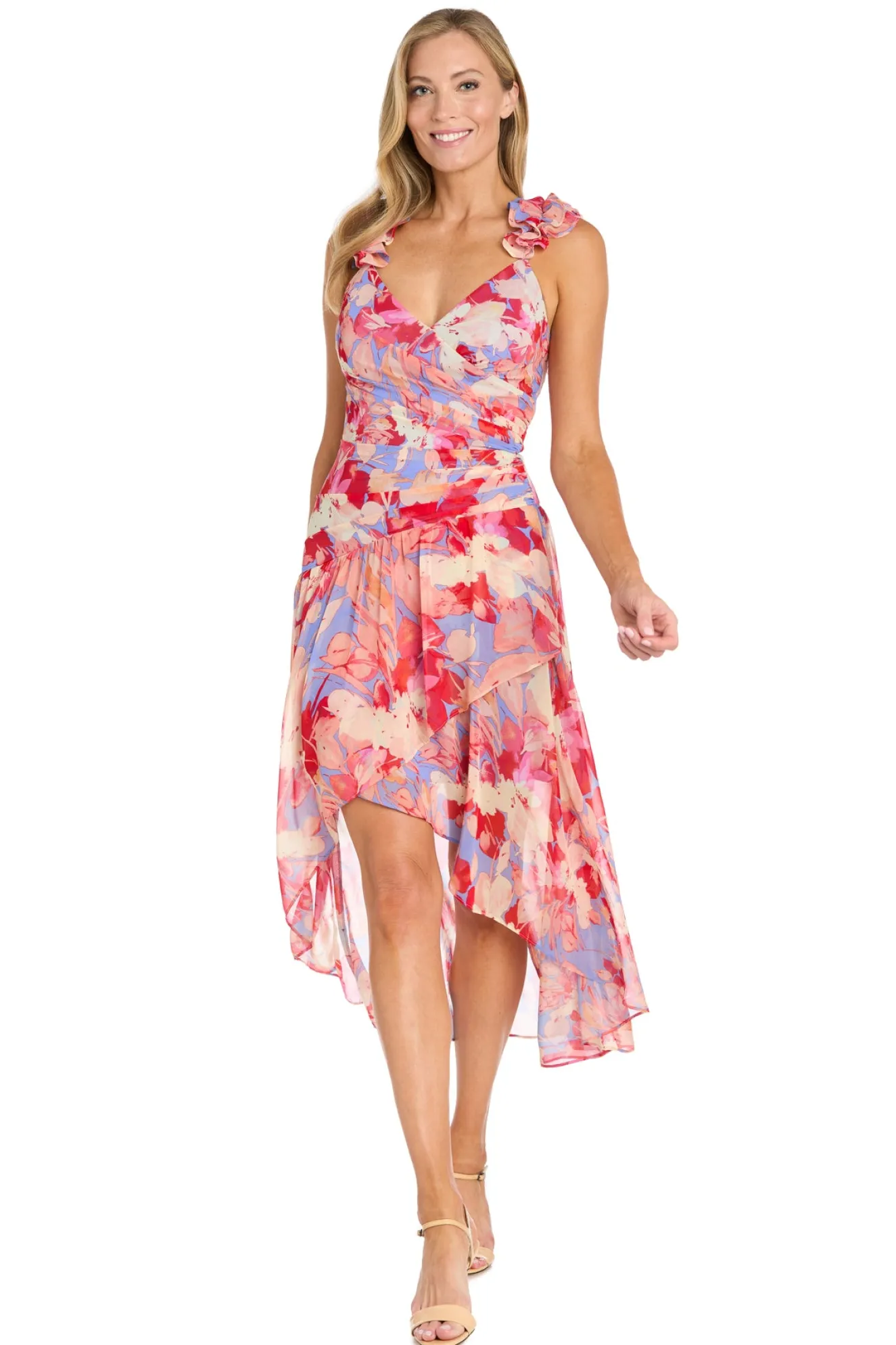 Printed Surplice Dress with Hi-Low Hem, Coral/Multi
