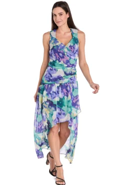 Printed Surplice Dress with Hi-Low Hem, Blue/Multi