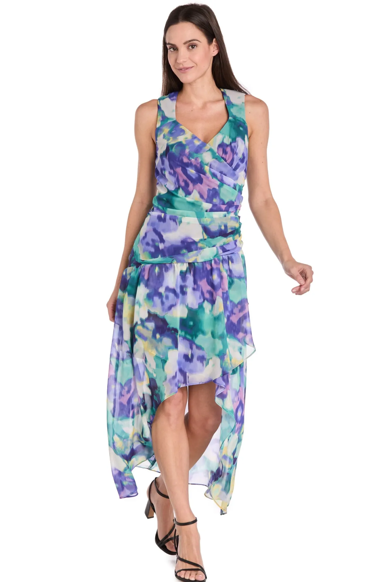 Printed Surplice Dress with Hi-Low Hem, Blue/Multi