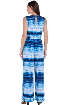 Printed Surplice Jumpsuit with Self Belt, Blue