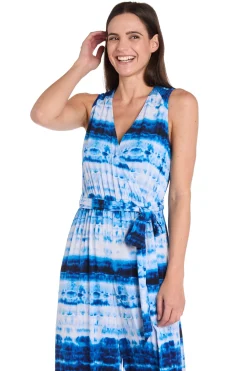Printed Surplice Jumpsuit with Self Belt, Blue