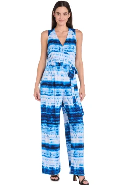 Printed Surplice Jumpsuit with Self Belt, Blue