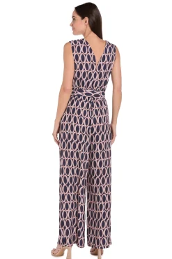 Printed Surplice Jumpsuit with Self Belt, Navy/Tan