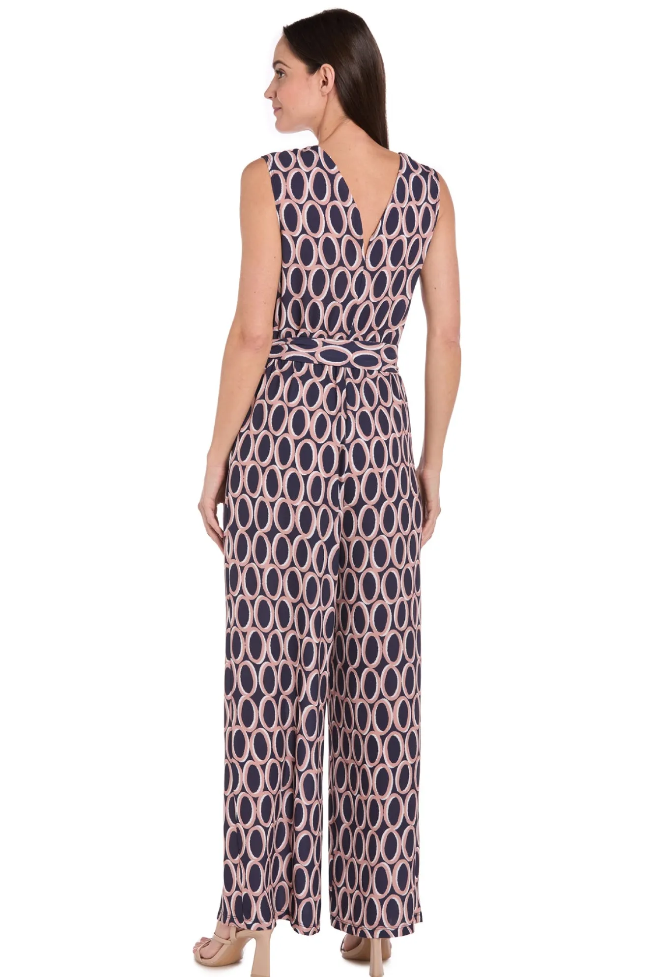 Printed Surplice Jumpsuit with Self Belt, Navy/Tan