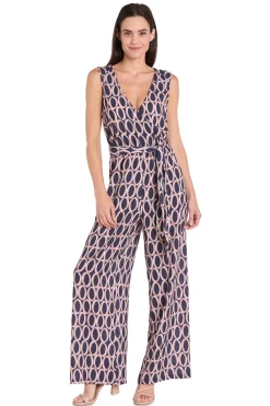 Printed Surplice Jumpsuit with Self Belt, Navy/Tan