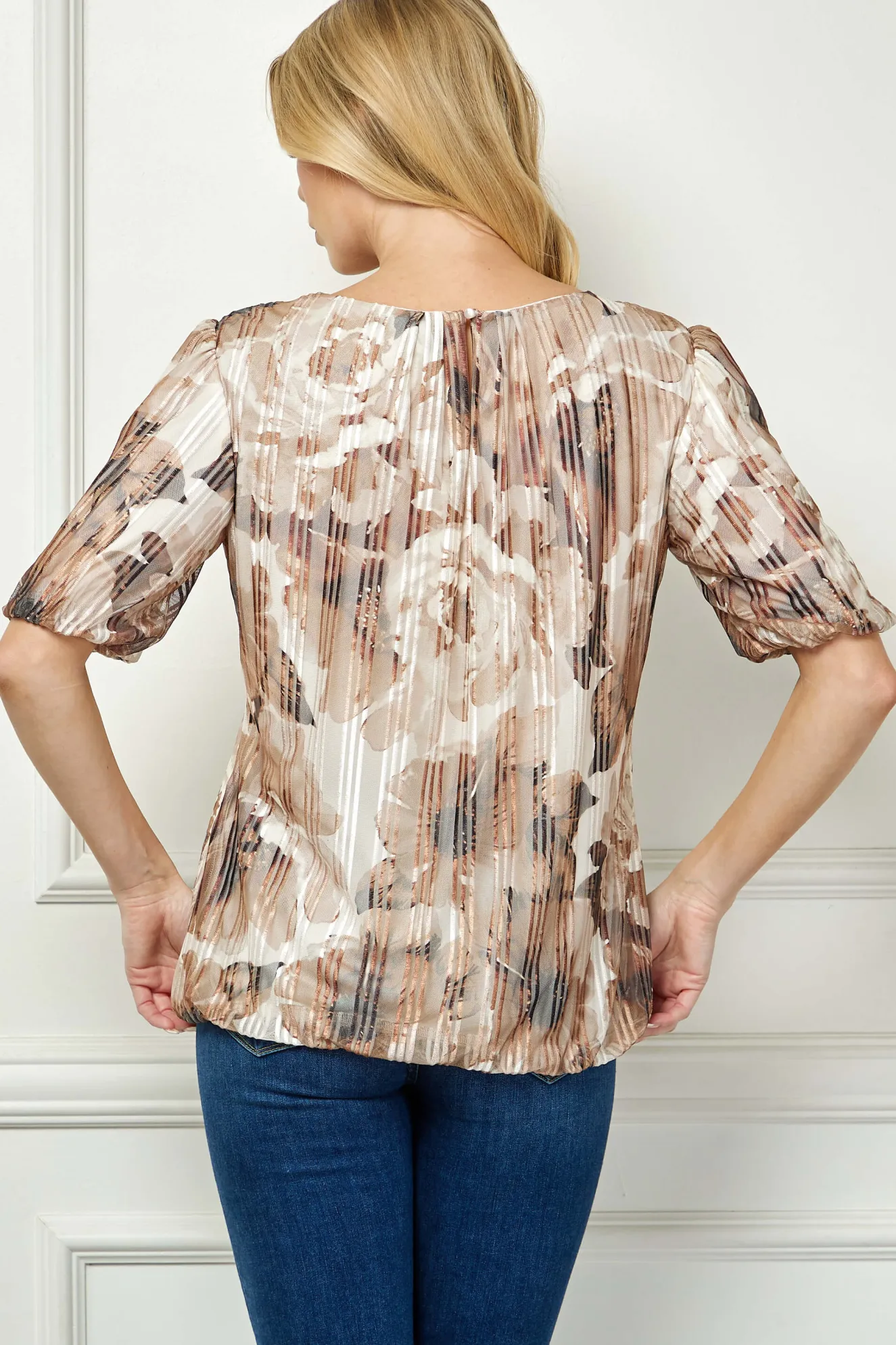Puff Sleeve Pleat Neck Bubble Blouse in Tan/Brown/Ivory