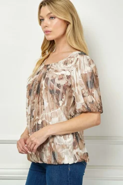 Puff Sleeve Pleat Neck Bubble Blouse in Tan/Brown/Ivory