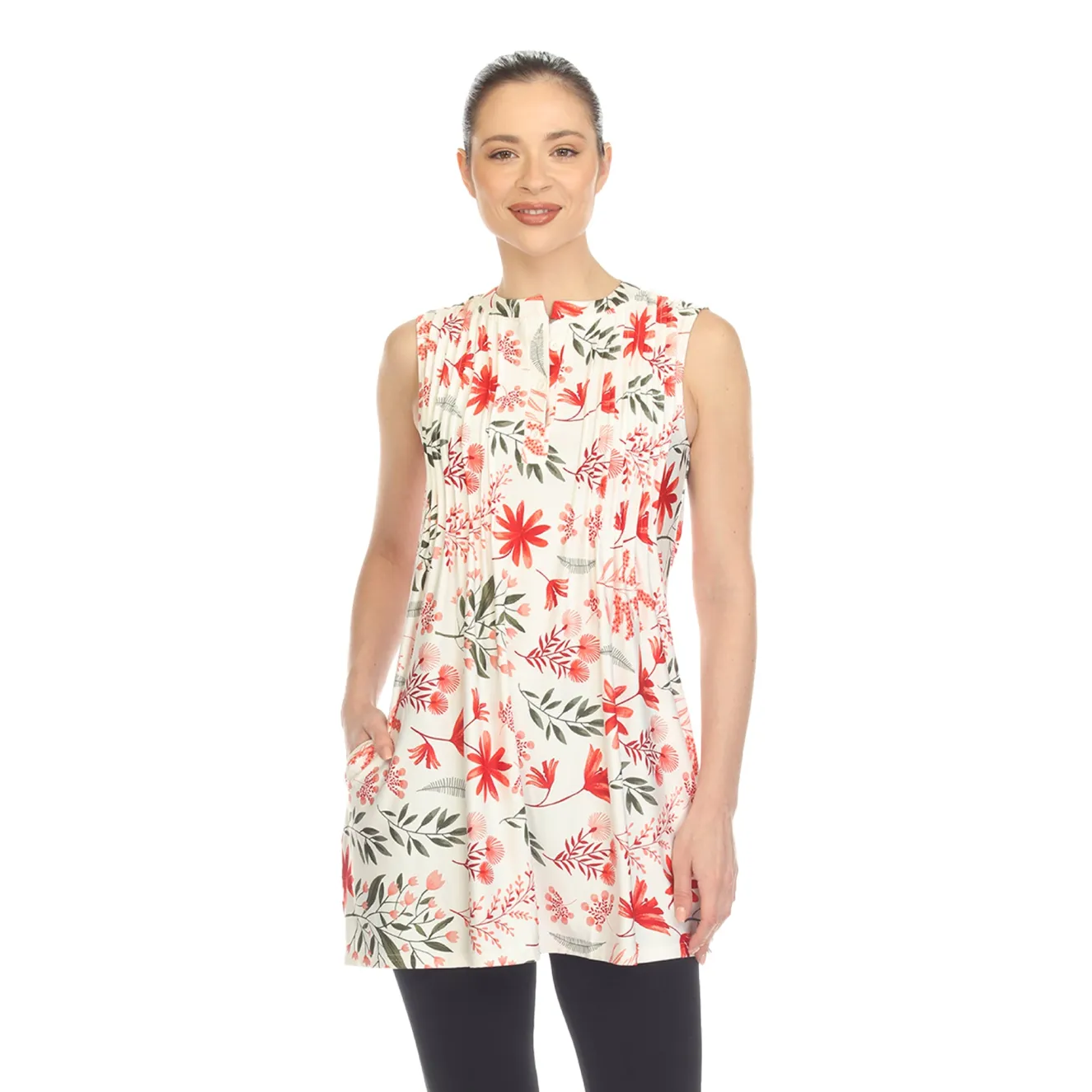 Red Floral Sleeveless Tunic Top