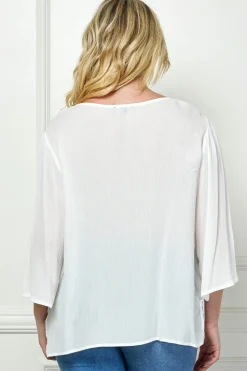 Roz and Ali 3/4 Flare Sleeve Embroidered Yoke Tunic in White - Plus