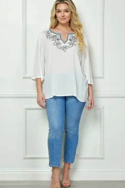 Roz and Ali 3/4 Flare Sleeve Embroidered Yoke Tunic in White - Plus