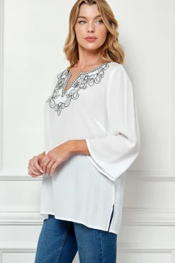 Roz and Ali 3/4 Flare Sleeve Embroidered Yoke Tunic in White