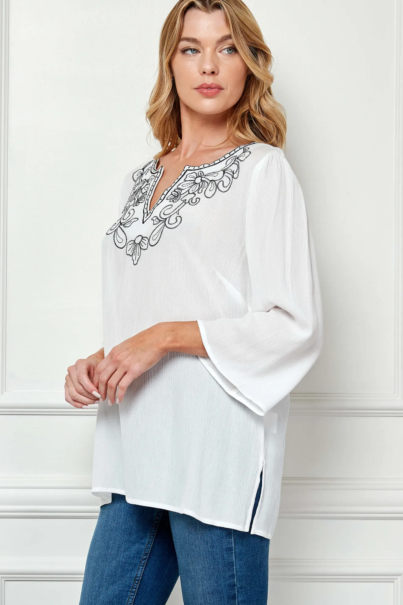Roz and Ali 3/4 Flare Sleeve Embroidered Yoke Tunic in White