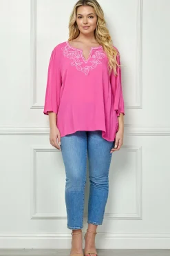 Roz and Ali 3/4 Flare Sleeve Embroidered Yoke Tunic in Pink - Plus