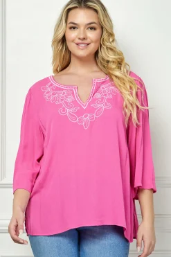 Roz and Ali 3/4 Flare Sleeve Embroidered Yoke Tunic in Pink - Plus