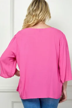 Roz and Ali 3/4 Flare Sleeve Embroidered Yoke Tunic in Pink - Plus