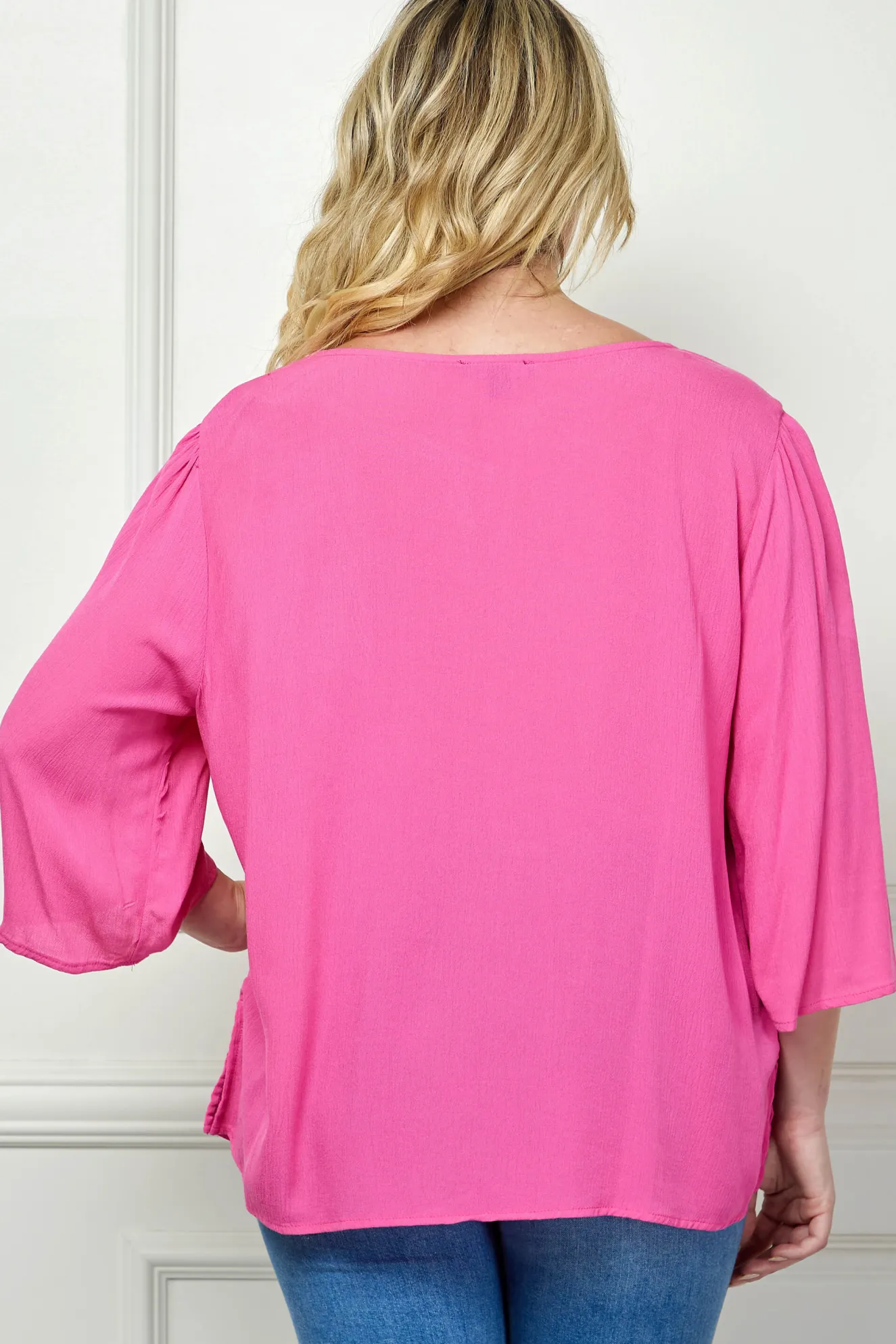 Roz and Ali 3/4 Flare Sleeve Embroidered Yoke Tunic in Pink - Plus