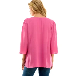 Roz and Ali 3/4 Flare Sleeve Embroidered Yoke Tunic in Pink