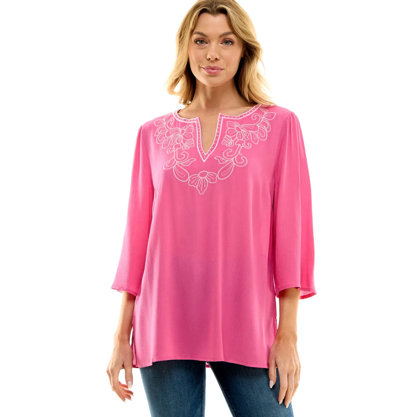 Roz and Ali 3/4 Flare Sleeve Embroidered Yoke Tunic in Pink