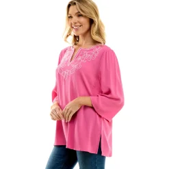Roz and Ali 3/4 Flare Sleeve Embroidered Yoke Tunic in Pink