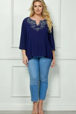 Roz and Ali 3/4 Flare Sleeve Embroidered Yoke Tunic in Navy - Plus