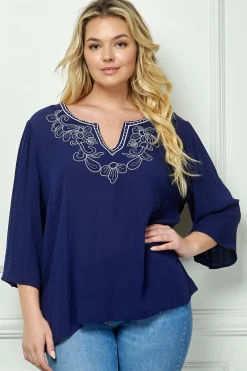 Roz and Ali 3/4 Flare Sleeve Embroidered Yoke Tunic in Navy - Plus