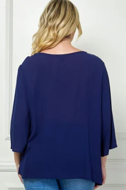 Roz and Ali 3/4 Flare Sleeve Embroidered Yoke Tunic in Navy - Plus