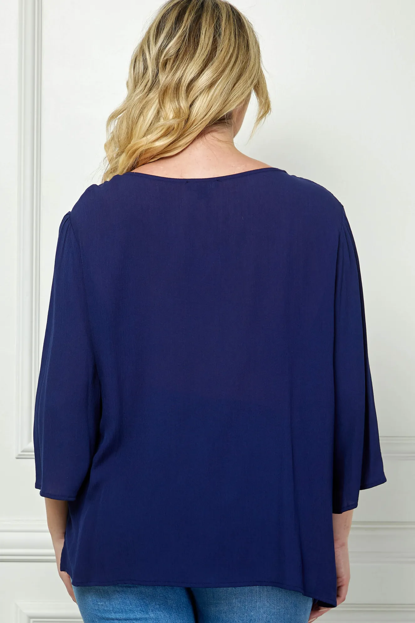 Roz and Ali 3/4 Flare Sleeve Embroidered Yoke Tunic in Navy - Plus