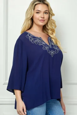Roz and Ali 3/4 Flare Sleeve Embroidered Yoke Tunic in Navy - Plus