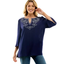 Roz and Ali 3/4 Flare Sleeve Embroidered Yoke Tunic in Navy
