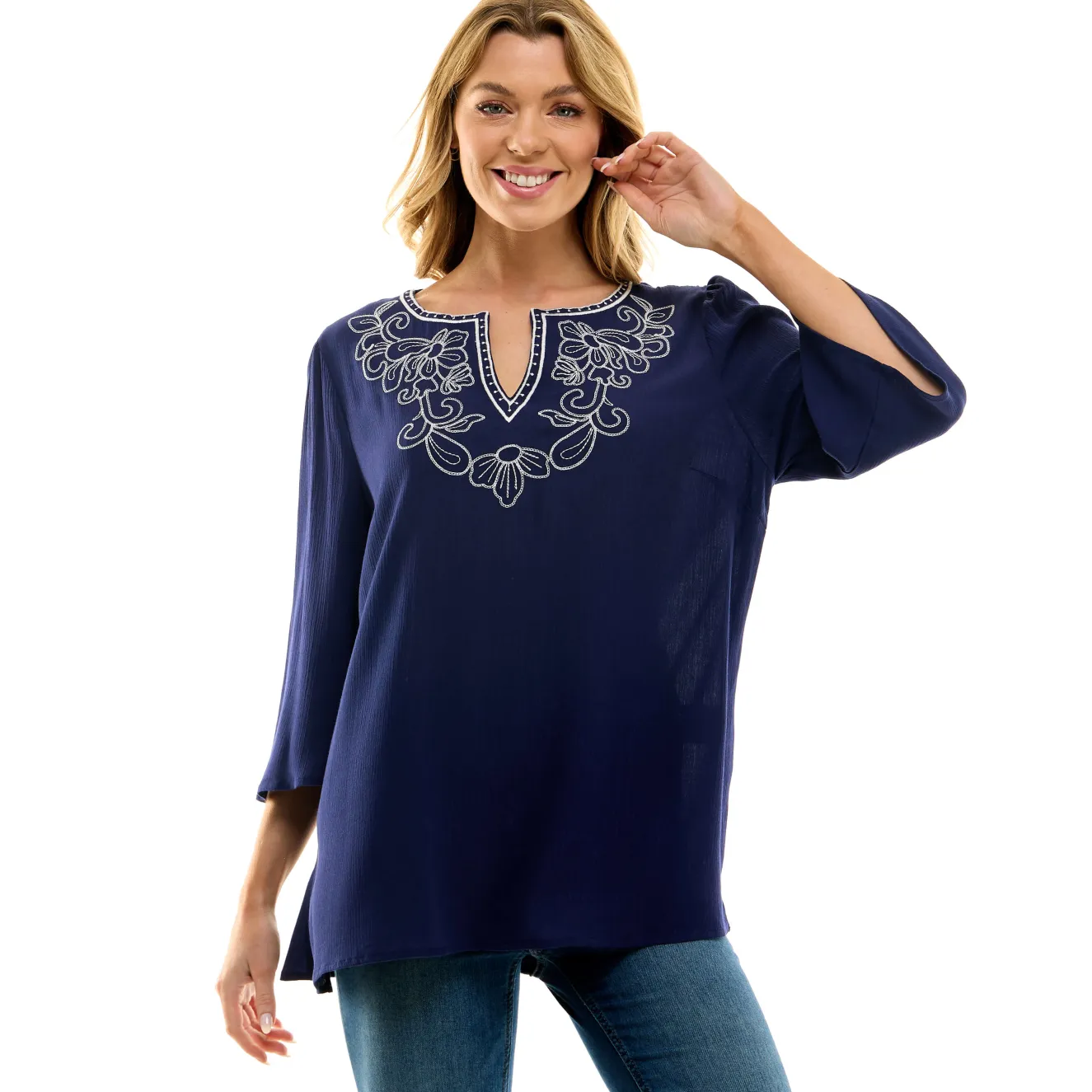 Roz and Ali 3/4 Flare Sleeve Embroidered Yoke Tunic in Navy