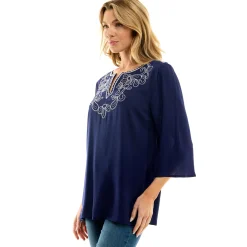 Roz and Ali 3/4 Flare Sleeve Embroidered Yoke Tunic in Navy