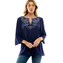 Roz and Ali 3/4 Flare Sleeve Embroidered Yoke Tunic in Navy