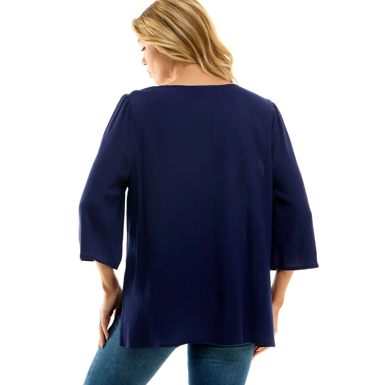 Roz and Ali 3/4 Flare Sleeve Embroidered Yoke Tunic in Navy