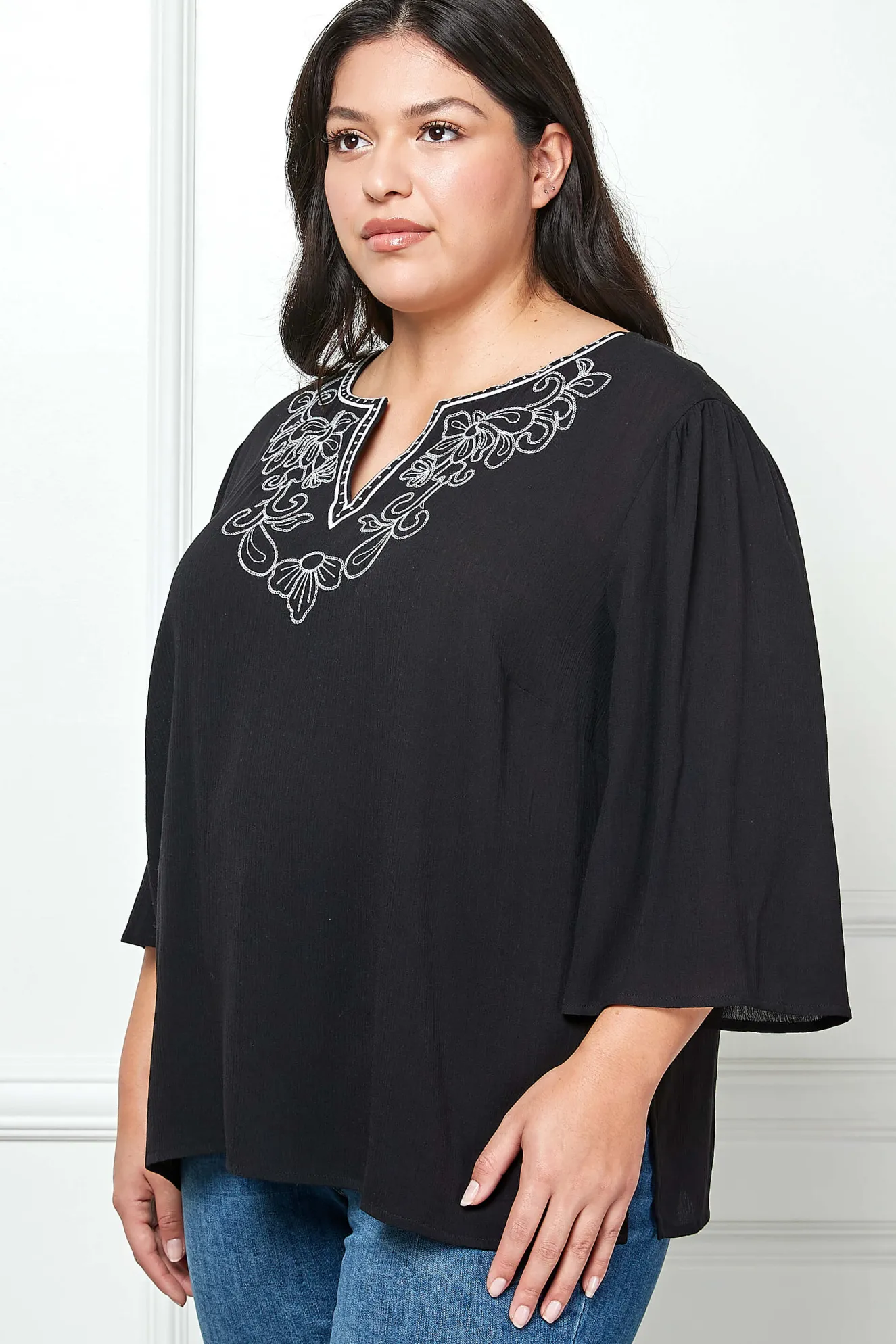 Roz and Ali 3/4 Flare Sleeve Embroidered Yoke Tunic in Black - Plus
