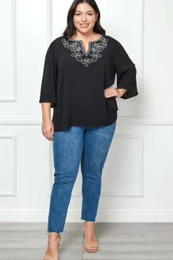 Roz and Ali 3/4 Flare Sleeve Embroidered Yoke Tunic in Black - Plus