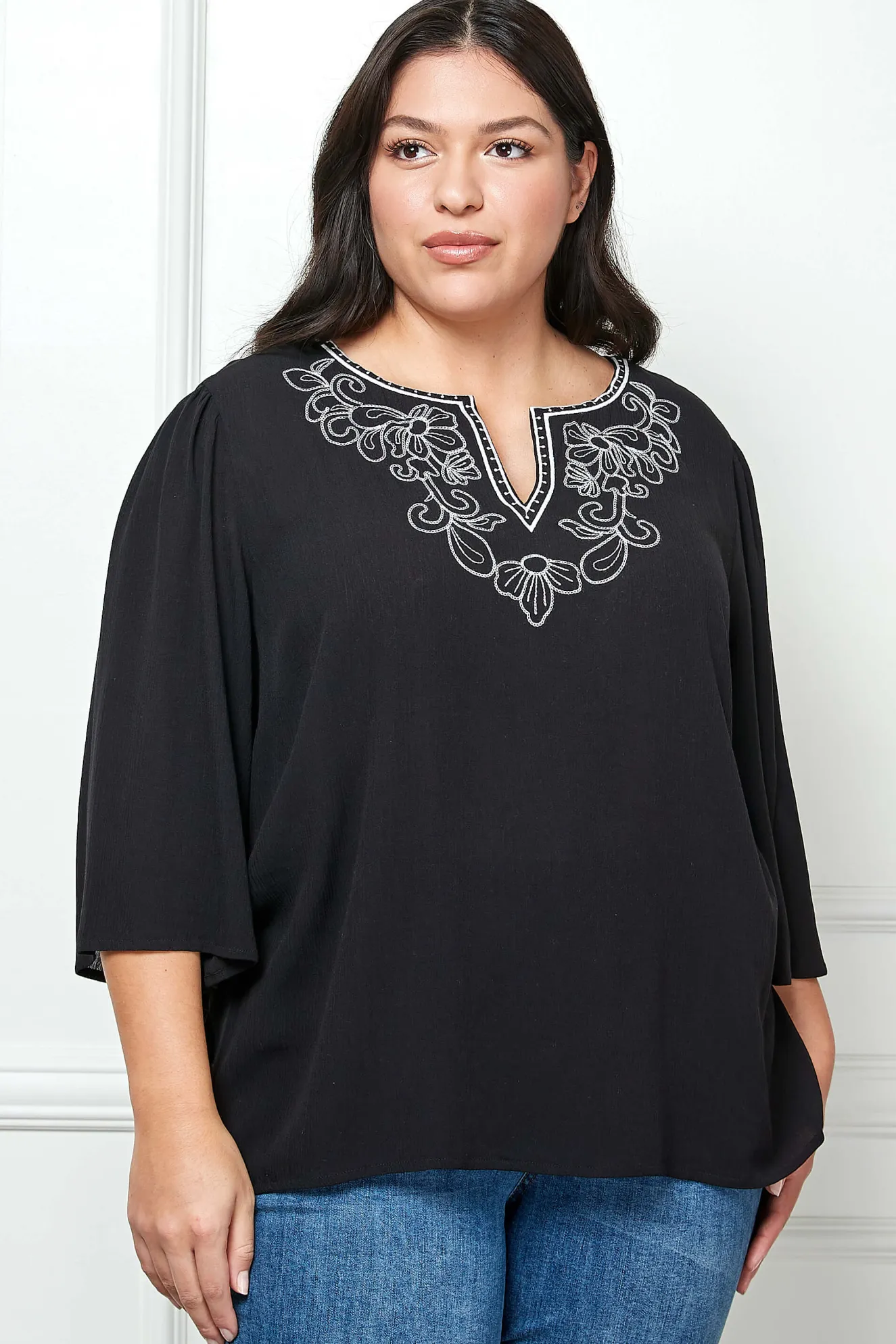 Roz and Ali 3/4 Flare Sleeve Embroidered Yoke Tunic in Black - Plus