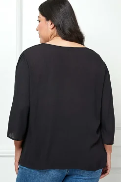 Roz and Ali 3/4 Flare Sleeve Embroidered Yoke Tunic in Black - Plus
