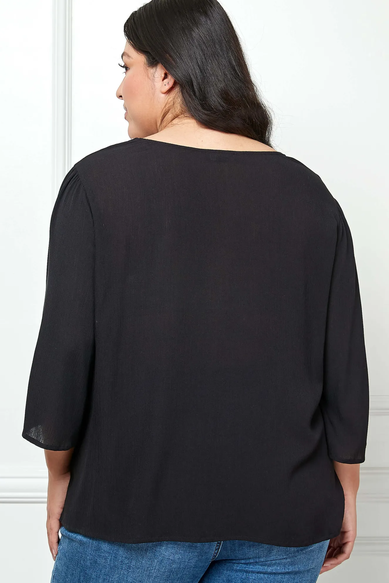 Roz and Ali 3/4 Flare Sleeve Embroidered Yoke Tunic in Black - Plus