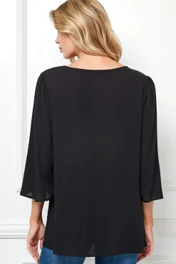 Roz and Ali 3/4 Flare Sleeve Embroidered Yoke Tunic in Black