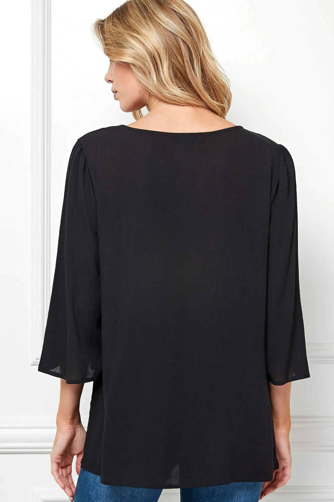 Roz and Ali 3/4 Flare Sleeve Embroidered Yoke Tunic in Black