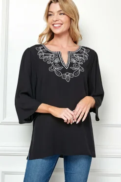 Roz and Ali 3/4 Flare Sleeve Embroidered Yoke Tunic in Black