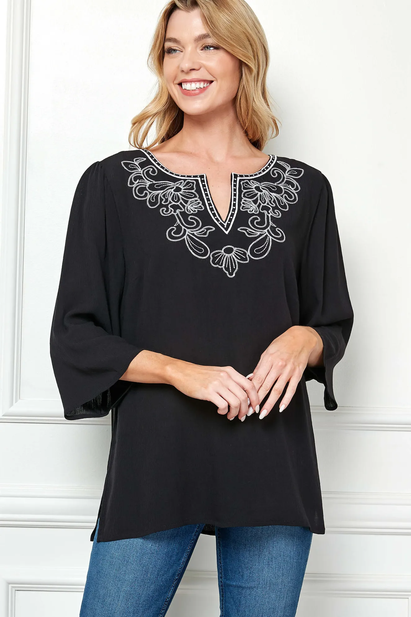 Roz and Ali 3/4 Flare Sleeve Embroidered Yoke Tunic in Black