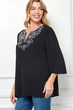 Roz and Ali 3/4 Flare Sleeve Embroidered Yoke Tunic in Black