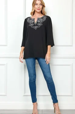 Roz and Ali 3/4 Flare Sleeve Embroidered Yoke Tunic in Black