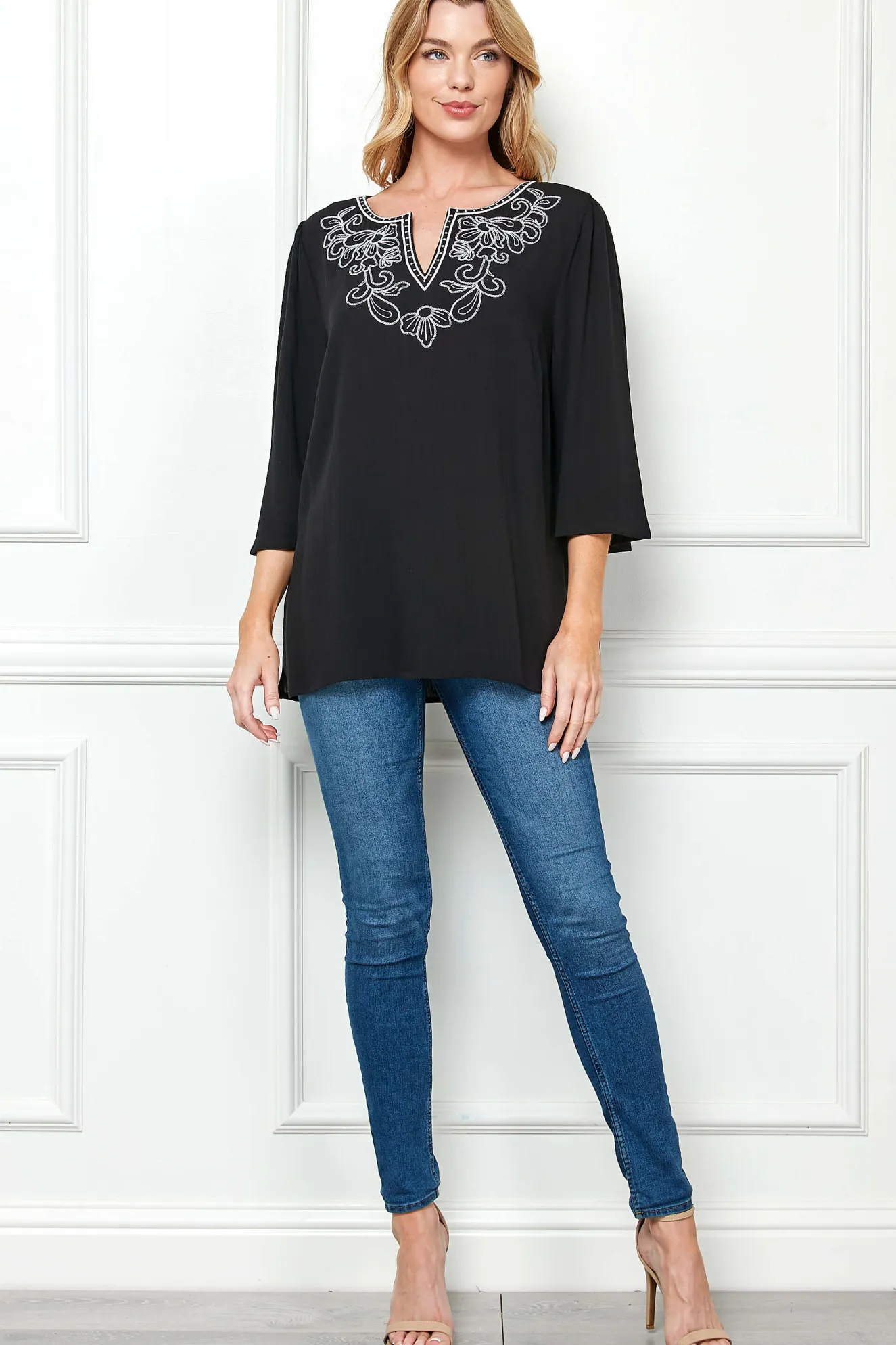 Roz and Ali 3/4 Flare Sleeve Embroidered Yoke Tunic in Black
