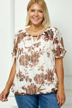 Ruched Sleeve Cutout Neck Bubble Blouse in Ivory/Brown/Tan - Plus
