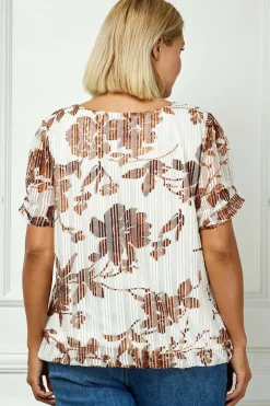 Ruched Sleeve Cutout Neck Bubble Blouse in Ivory/Brown/Tan - Plus