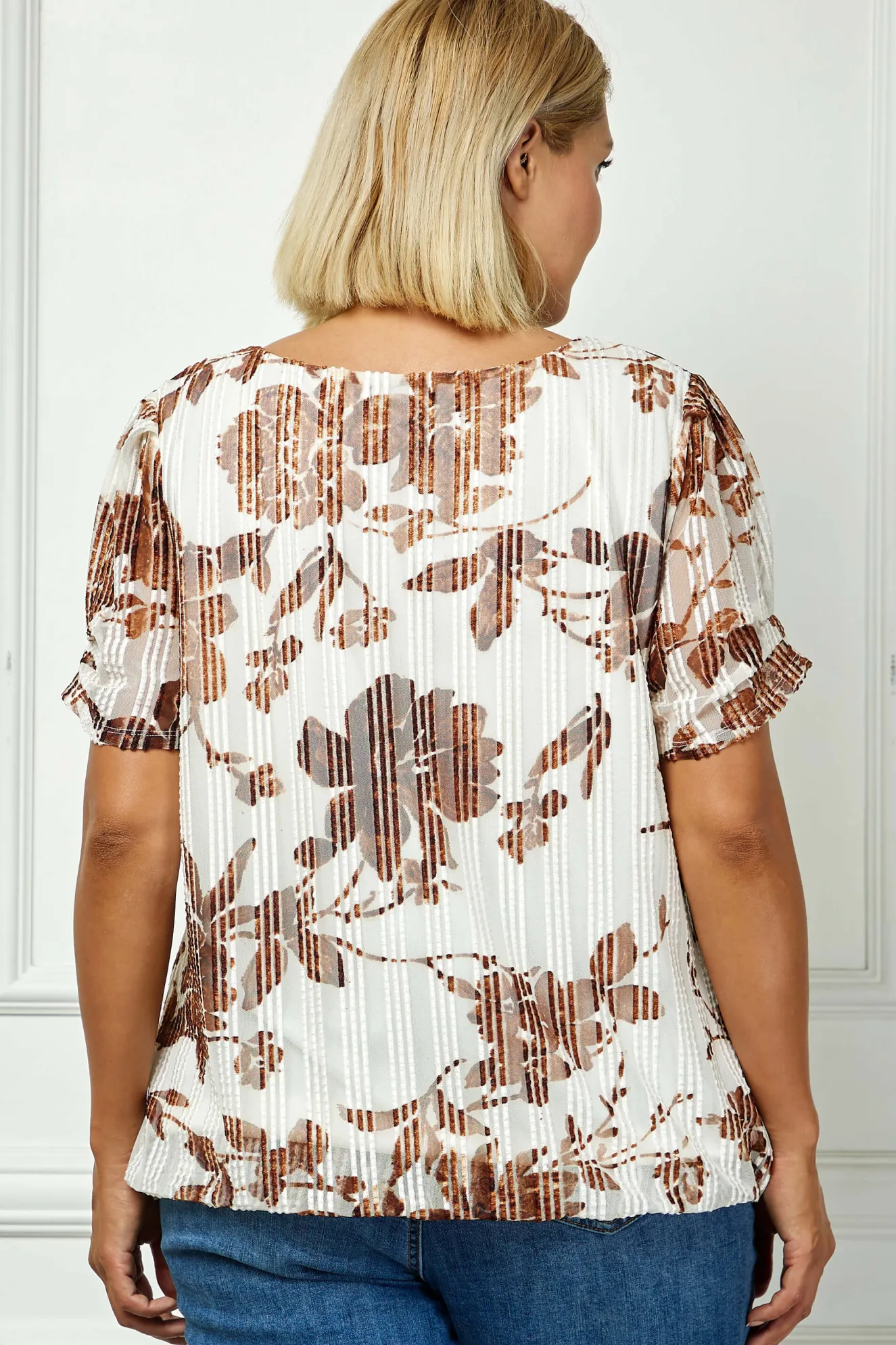 Ruched Sleeve Cutout Neck Bubble Blouse in Ivory/Brown/Tan - Plus