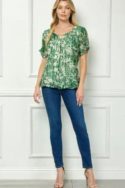 Ruched Sleeve Cutout Neck Bubble Blouse in Olive/Tan/Cream