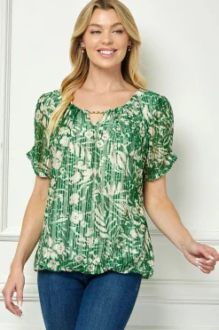 Ruched Sleeve Cutout Neck Bubble Blouse in Olive/Tan/Cream